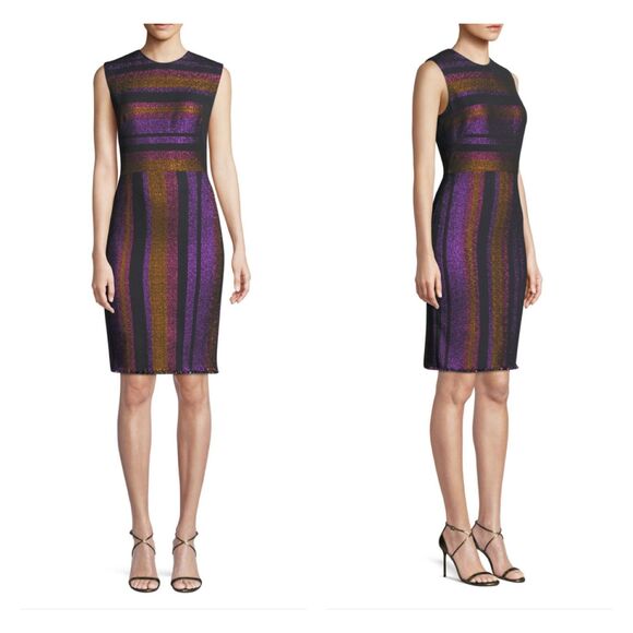 DIANE VON FURSTENBERG Metallic Stripe Sleeveless Sheath Dress, Sz 0 - Picture 1 of 16